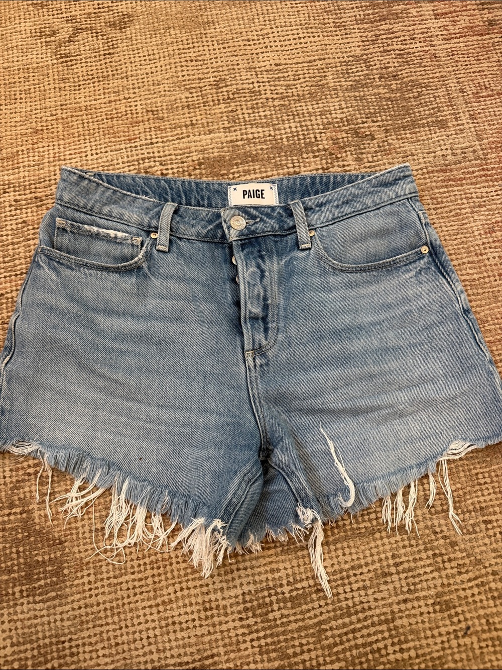 PAIGE Light Blue Distressed Denim Jean Shorts